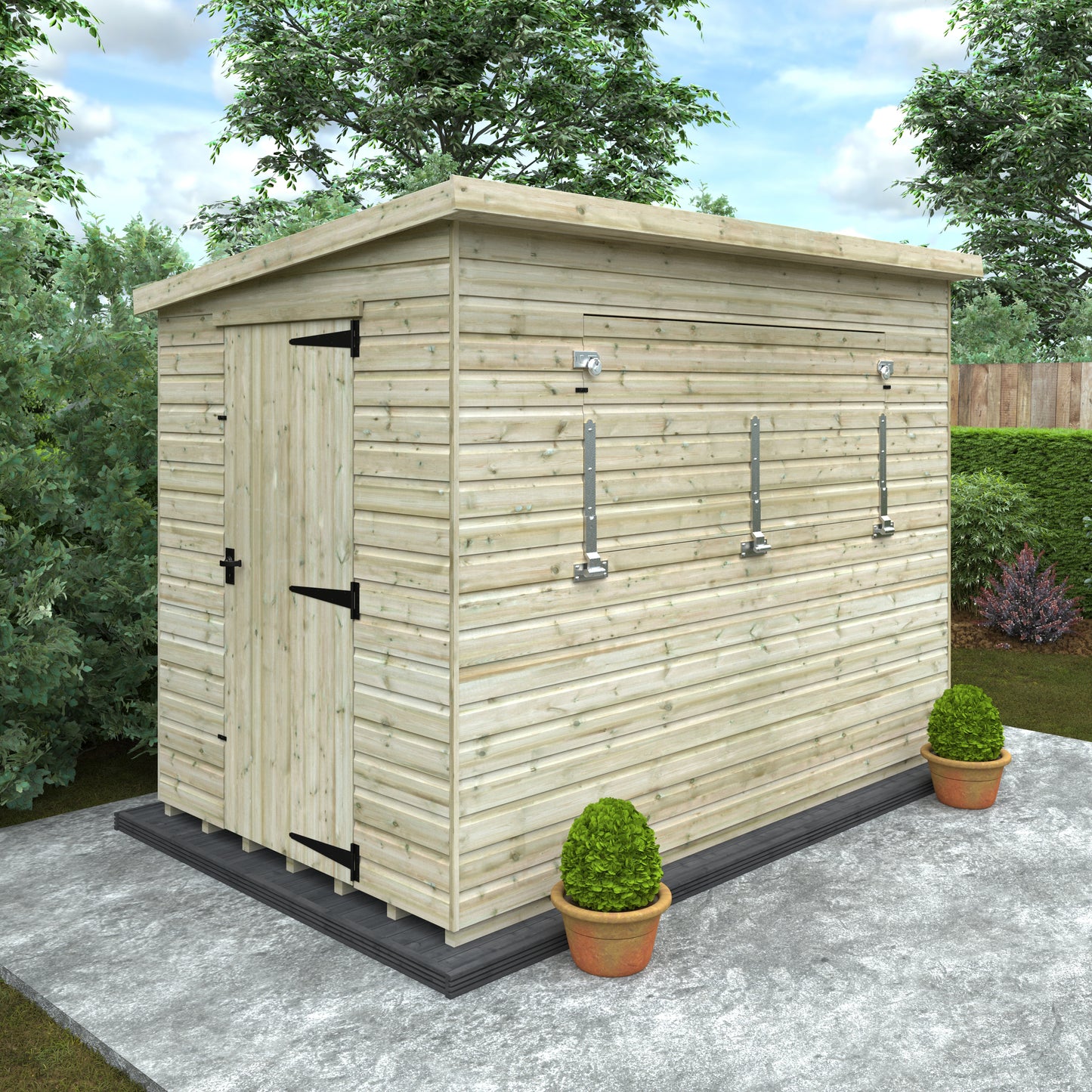 Taproom wooden bar shed with flat roof, fold-down serving hatch, and shiplap cladding in garden with trees and potted plants