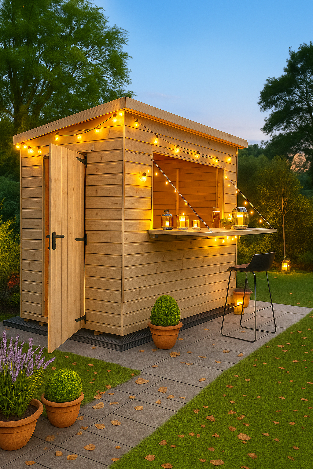 Taproom wooden bar shed with fold-down serving hatch, shiplap cladding, and outdoor bar setup in garden with lights at dusk