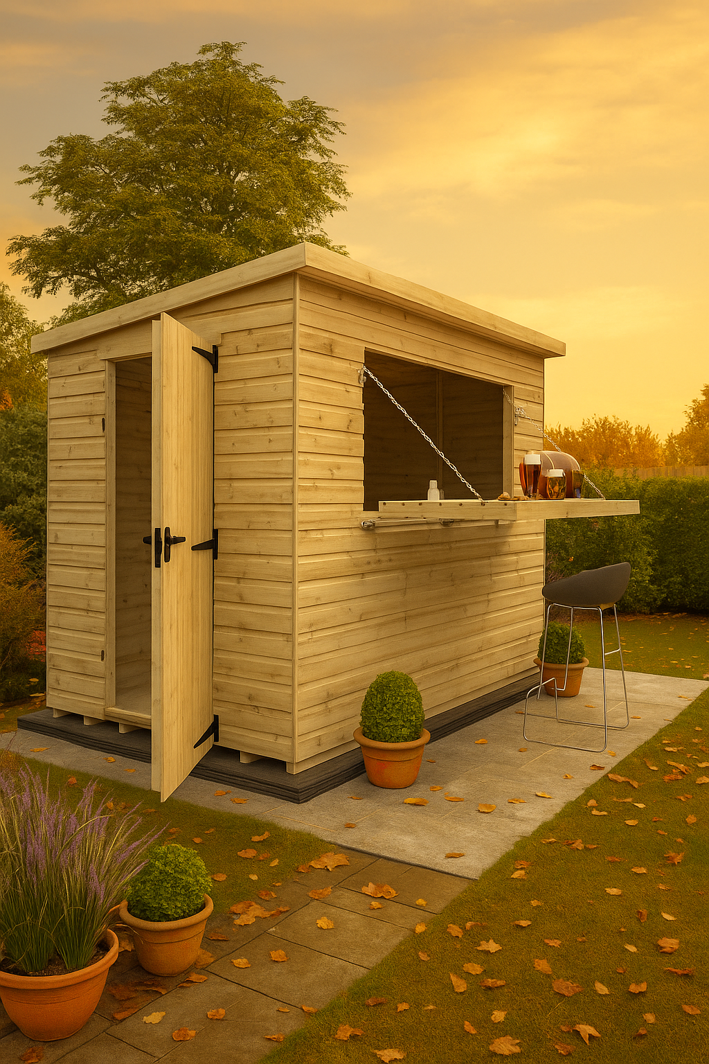Taproom wooden bar shed with fold-down serving hatch, shiplap cladding, and outdoor bar setup in garden at sunset.