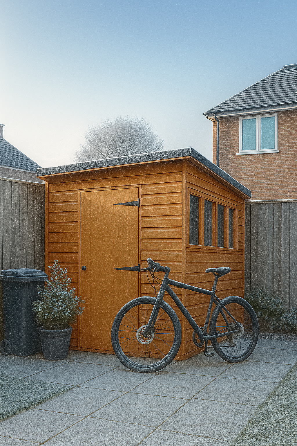 Utility Lean-To Garden Shed with lockable door and glazed windows, perfect for compact wall-side storage of tools, bikes, and gardening equipment on a frosty winters day