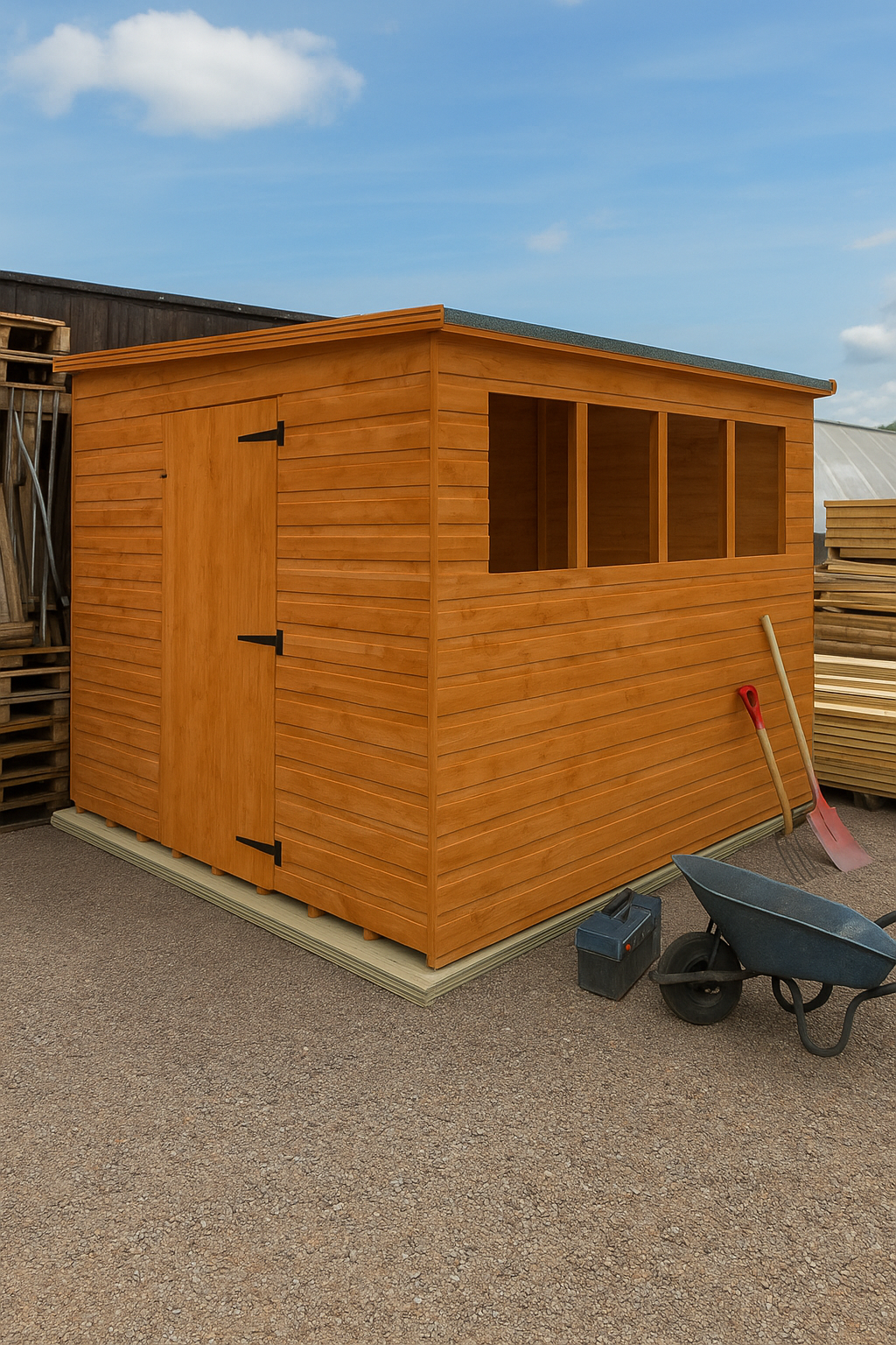 Utility Lean-To Garden Shed with lockable door and glazed windows, perfect for compact wall-side storage of tools, bikes, and gardening equipment in a work yard