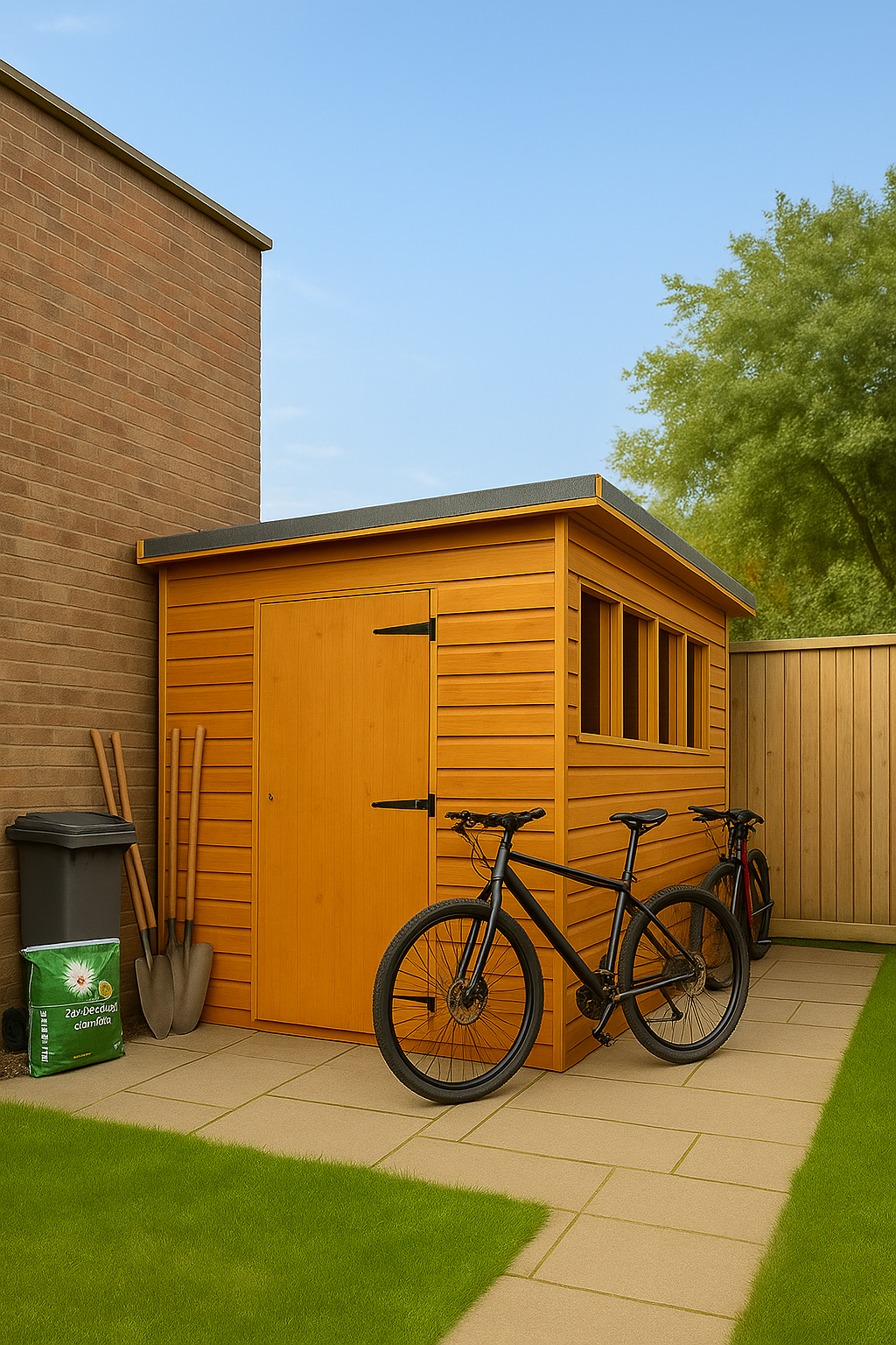Utility Lean-To Garden Shed with lockable door and glazed windows, perfect for compact wall-side storage of tools, bikes, and gardening equipment in a back yard with two bikes