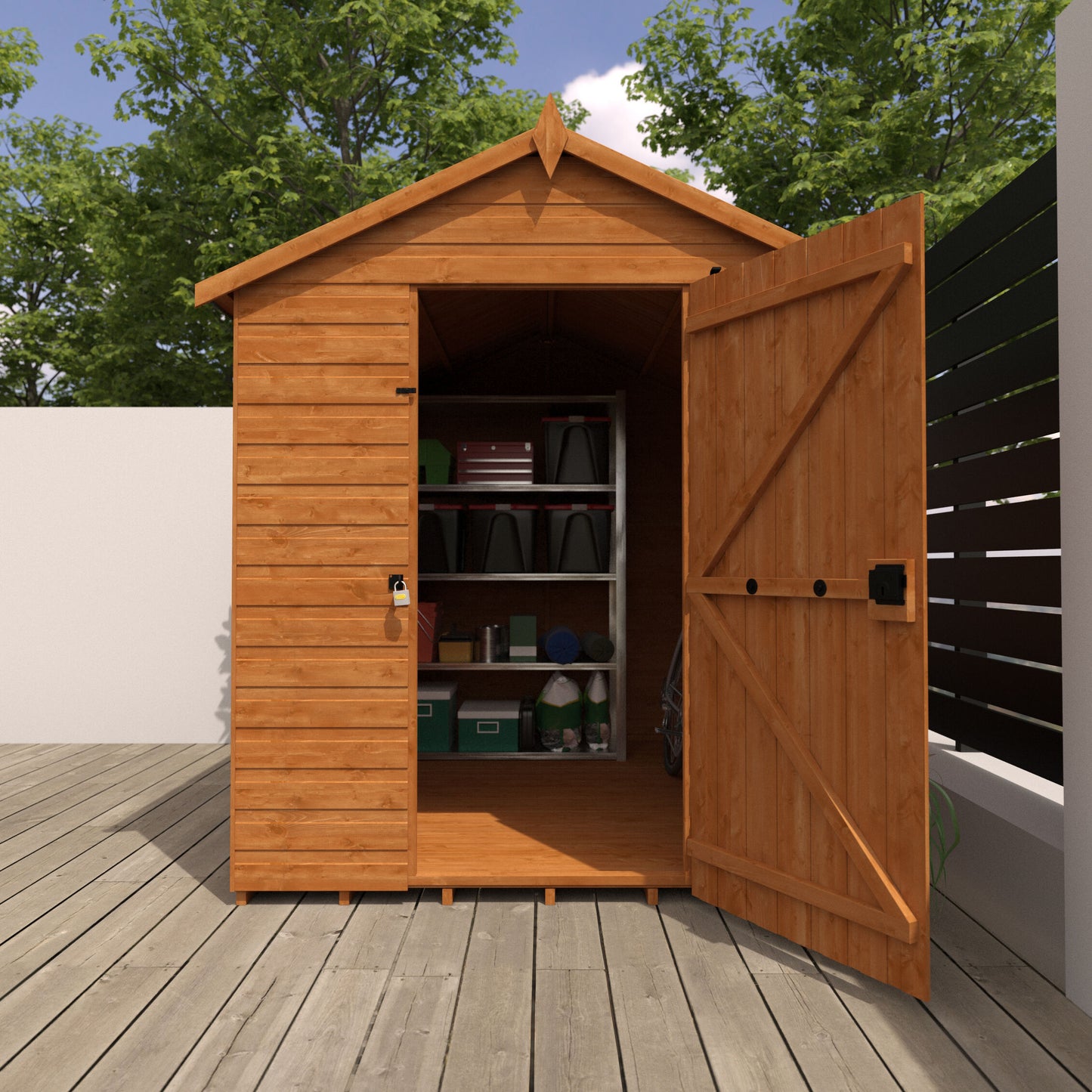 The Vanguard Shed with reinforced door and security slit windows, durable 12mm shiplap cladding, green roof, fand ront door open