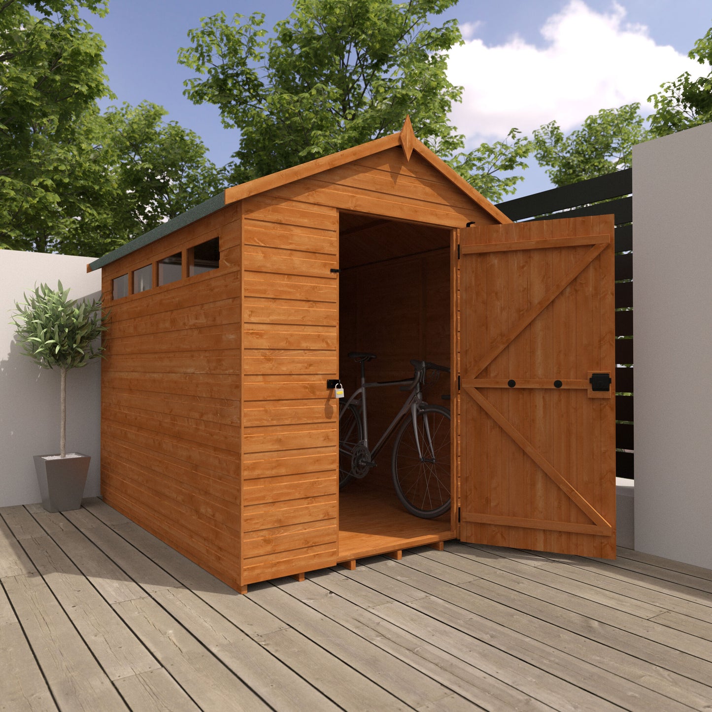 Vanguard wooden garden shed with open door revealing bicycle, shiplap tongue-and-groove cladding, set against trees and clear sky
