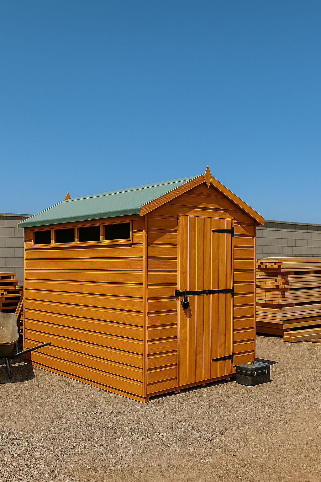 The Vanguard Shed with reinforced door and security slit windows, durable 12mm shiplap cladding, green roof, set in a busy work yard on a sunny day