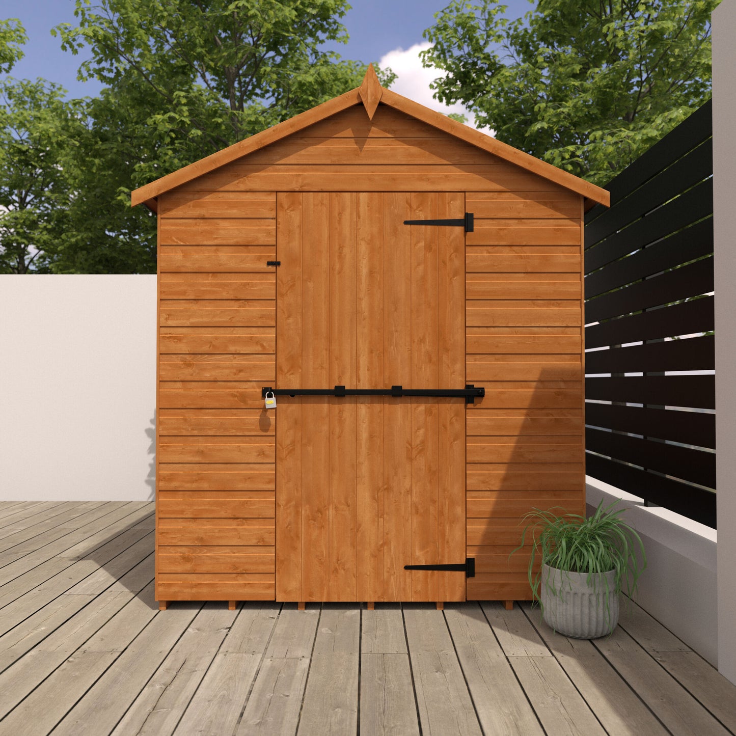 The Vanguard Shed with reinforced door and security slit windows, durable 12mm shiplap cladding, front view