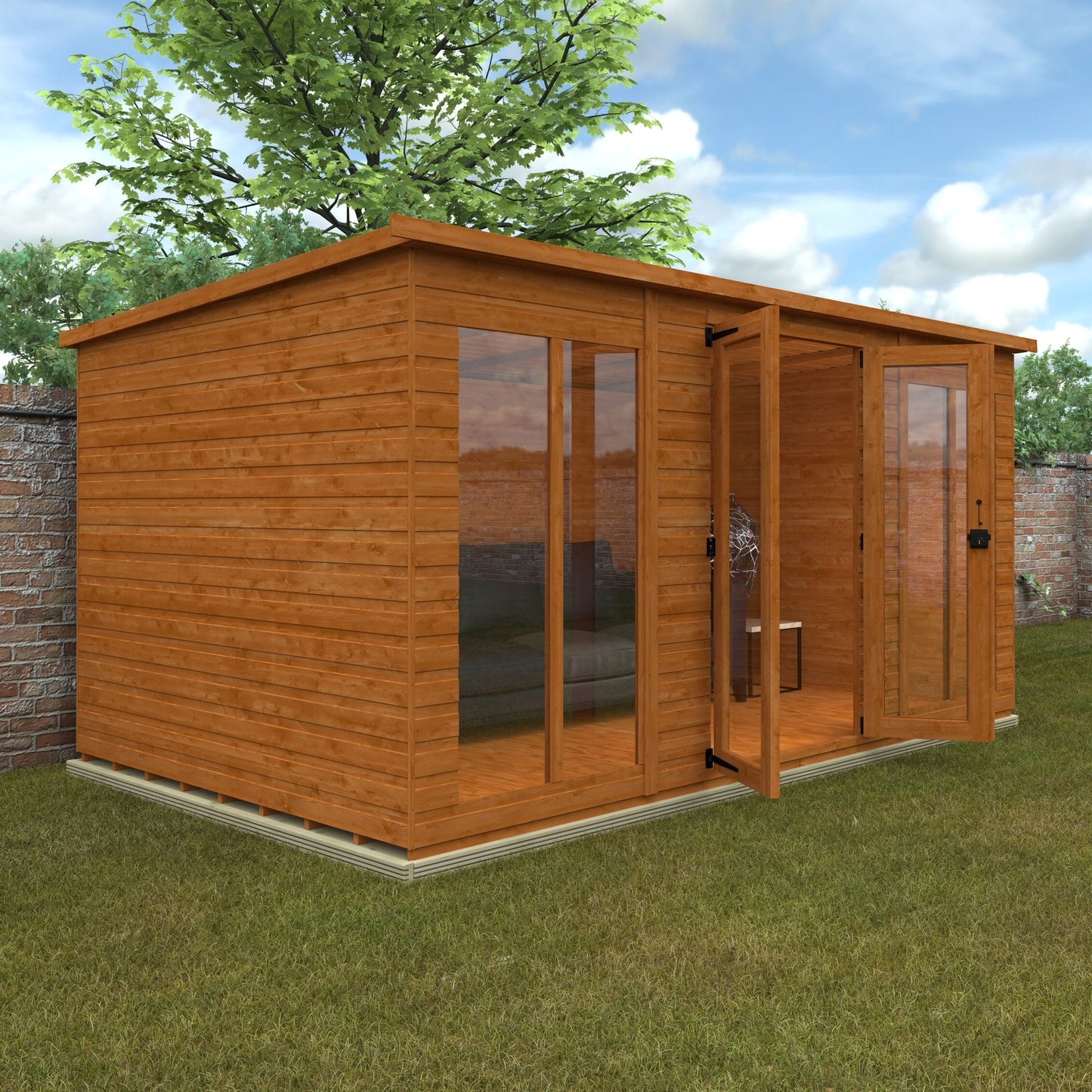 Vista Studio wooden garden building with flat roof, glass double doors open, and full-pane glazing on grass with trees and blue sky
