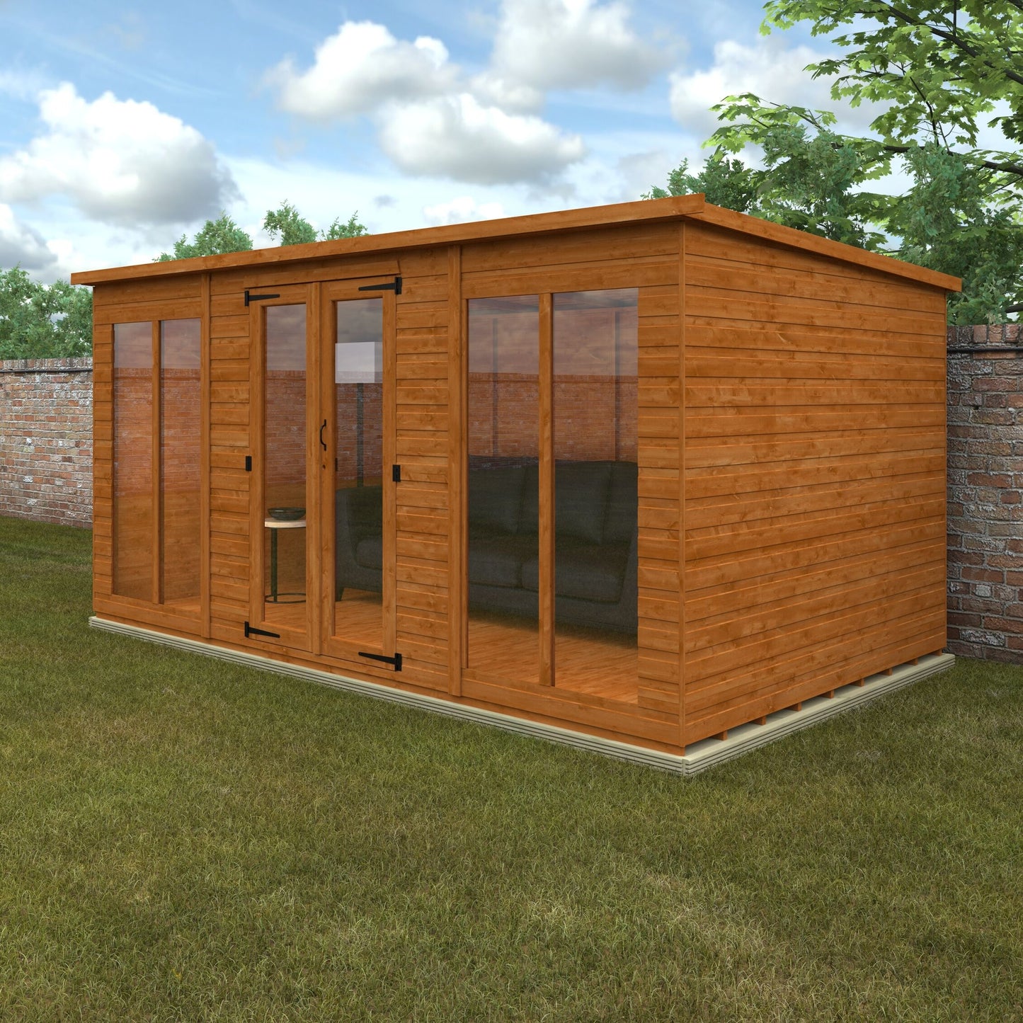 Vista Studio wooden garden building with flat roof, glass double doors, and full-pane glazing on grass with trees and blue sky