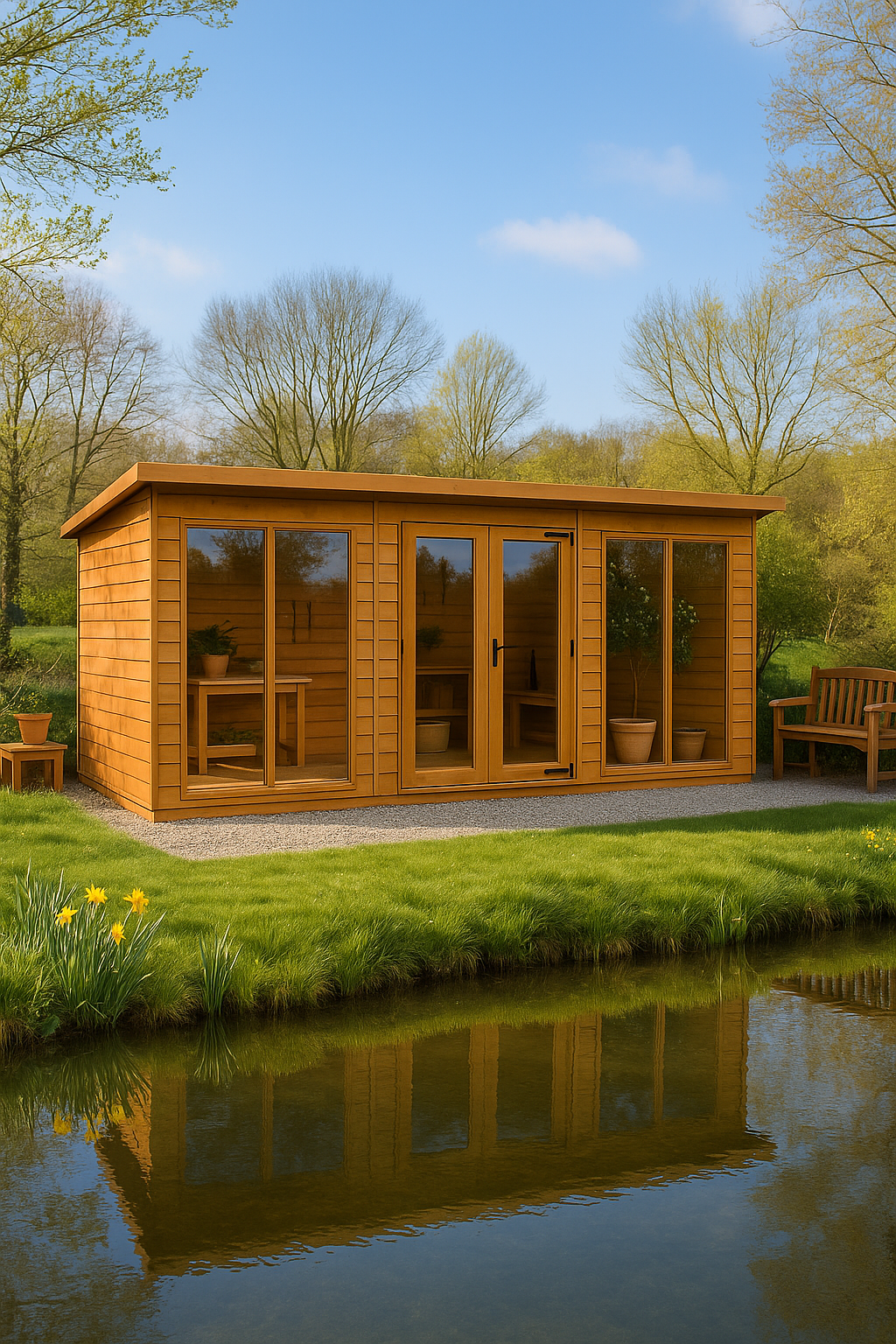 Vista Studio wooden garden building with flat roof, glass double doors, and full-pane glazing in lake side sunny setting