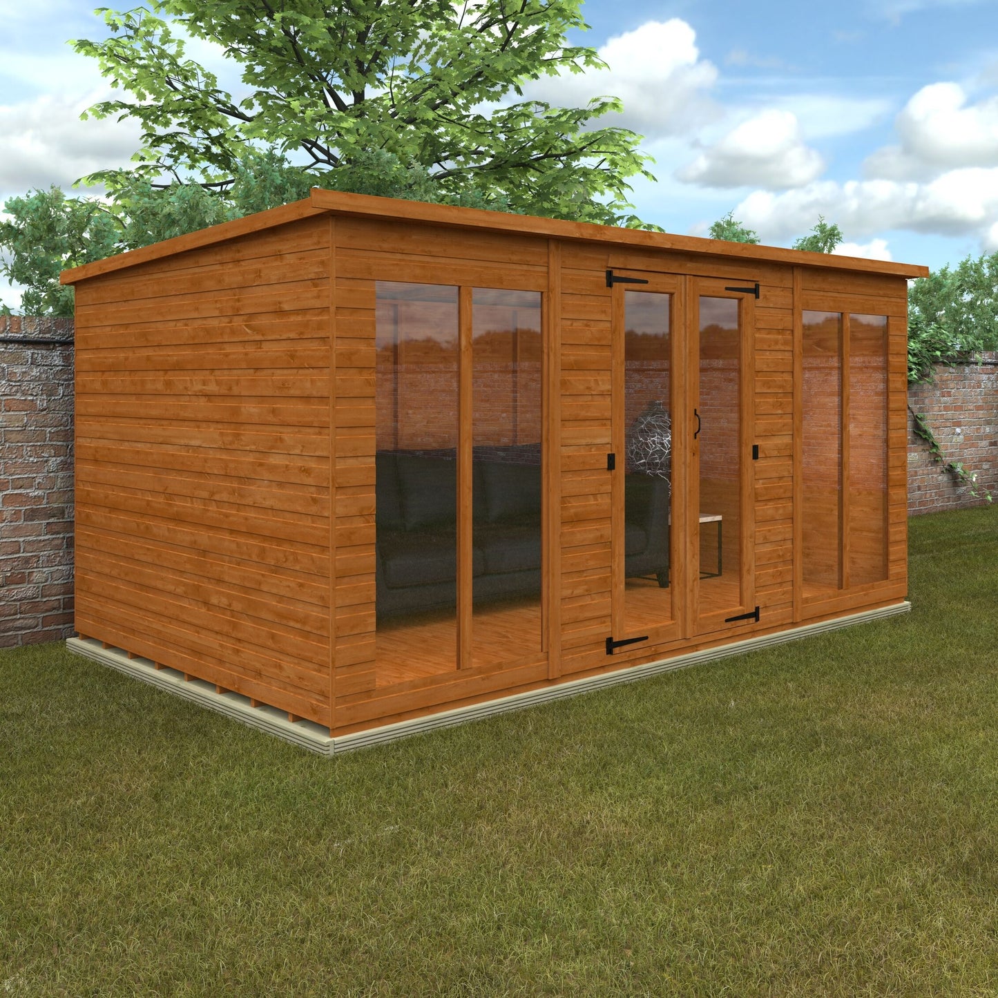 Vista Studio wooden garden building with flat roof, glass double doors, and full-pane glazing on grass with trees and blue sky