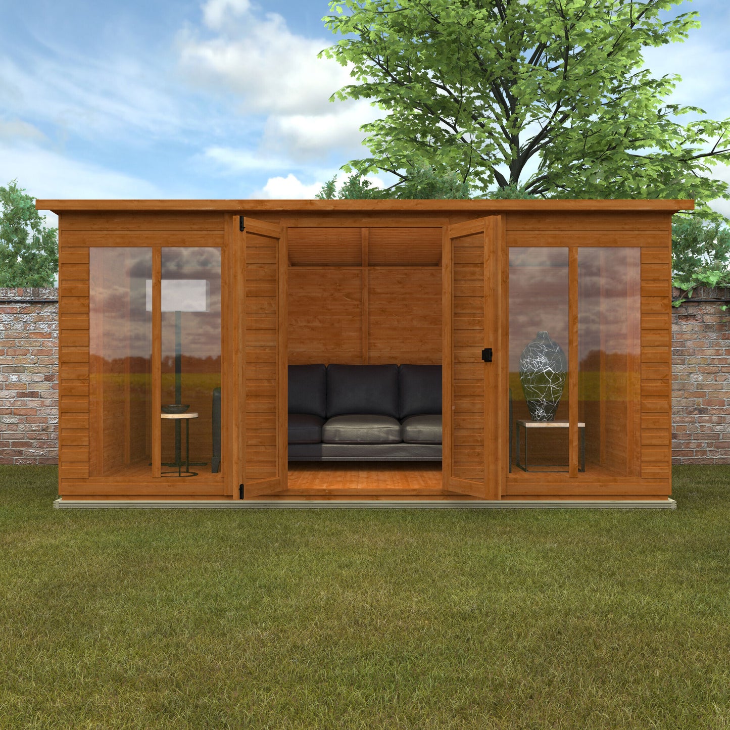 Vista Studio wooden garden building with flat roof, glass double doors, and full-pane glazing on grass with trees and blue sky