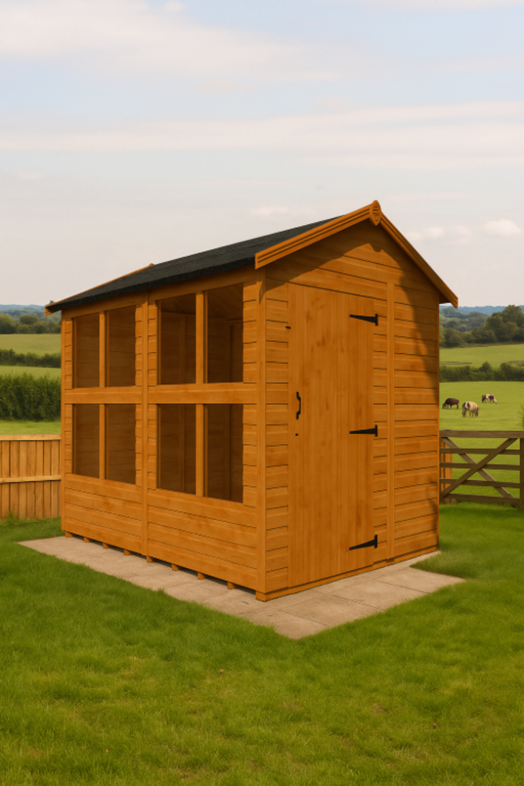 Waverley wooden garden sunroom with glass panels, shiplap tongue-and-groove cladding, and black felt roof overlooking green field and fence