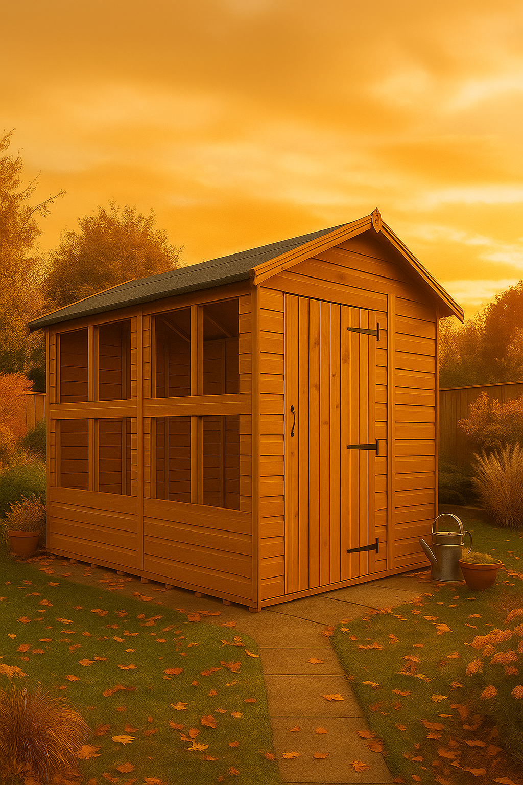 Waverley wooden garden sunroom with glass panels, shiplap tongue-and-groove cladding, and black felt roof in garden at Autumn