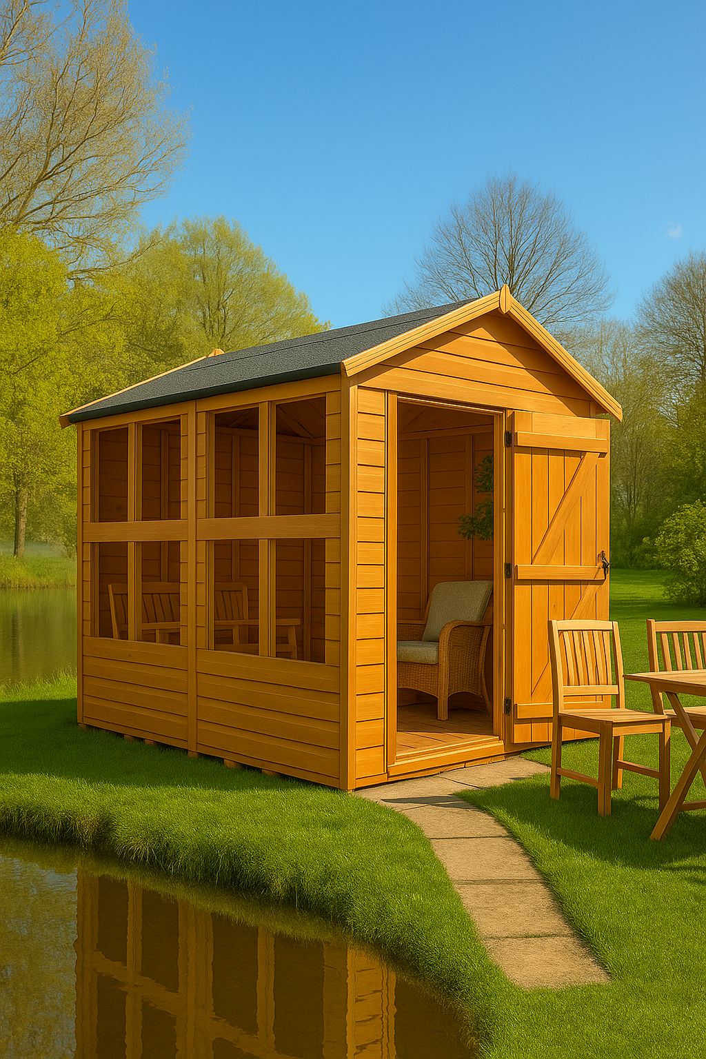 Waverley wooden garden sunroom with glass panels, shiplap tongue-and-groove cladding, and black felt roof in a garden lakeside sunny setting