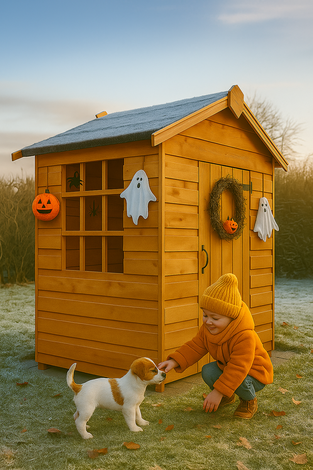 Willowden wooden children’s playhouse with Georgian-style safety windows, tongue-and-groove cladding, and black felt roof, a child with a dog in front of a wooden playhouse decorated for Halloween.