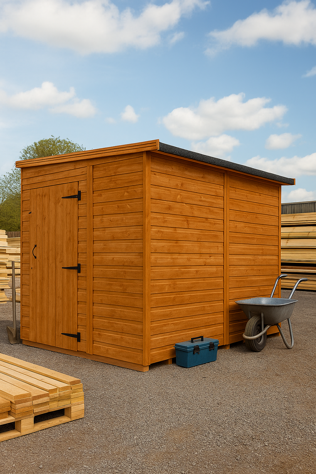Windham wooden garden shed with shiplap tongue-and-groove cladding, pent roof, and black felt covering with wheelbarrow and toolbox on gravel surface under blue sky
