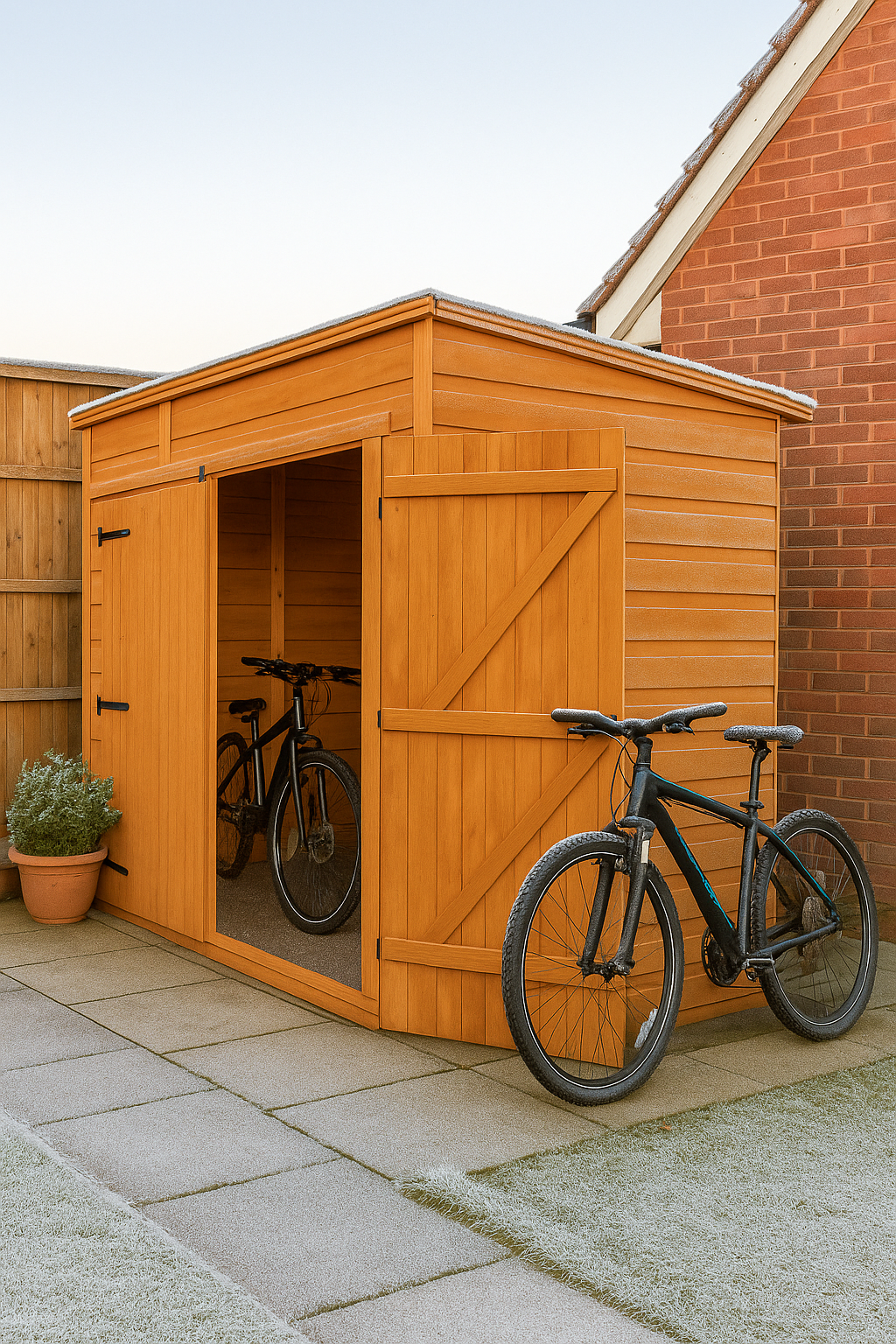 Woodcroft wooden bike store with double doors, shiplap tongue-and-groove cladding, and black felt roof in winter n setting with a bicycle outside on a patio