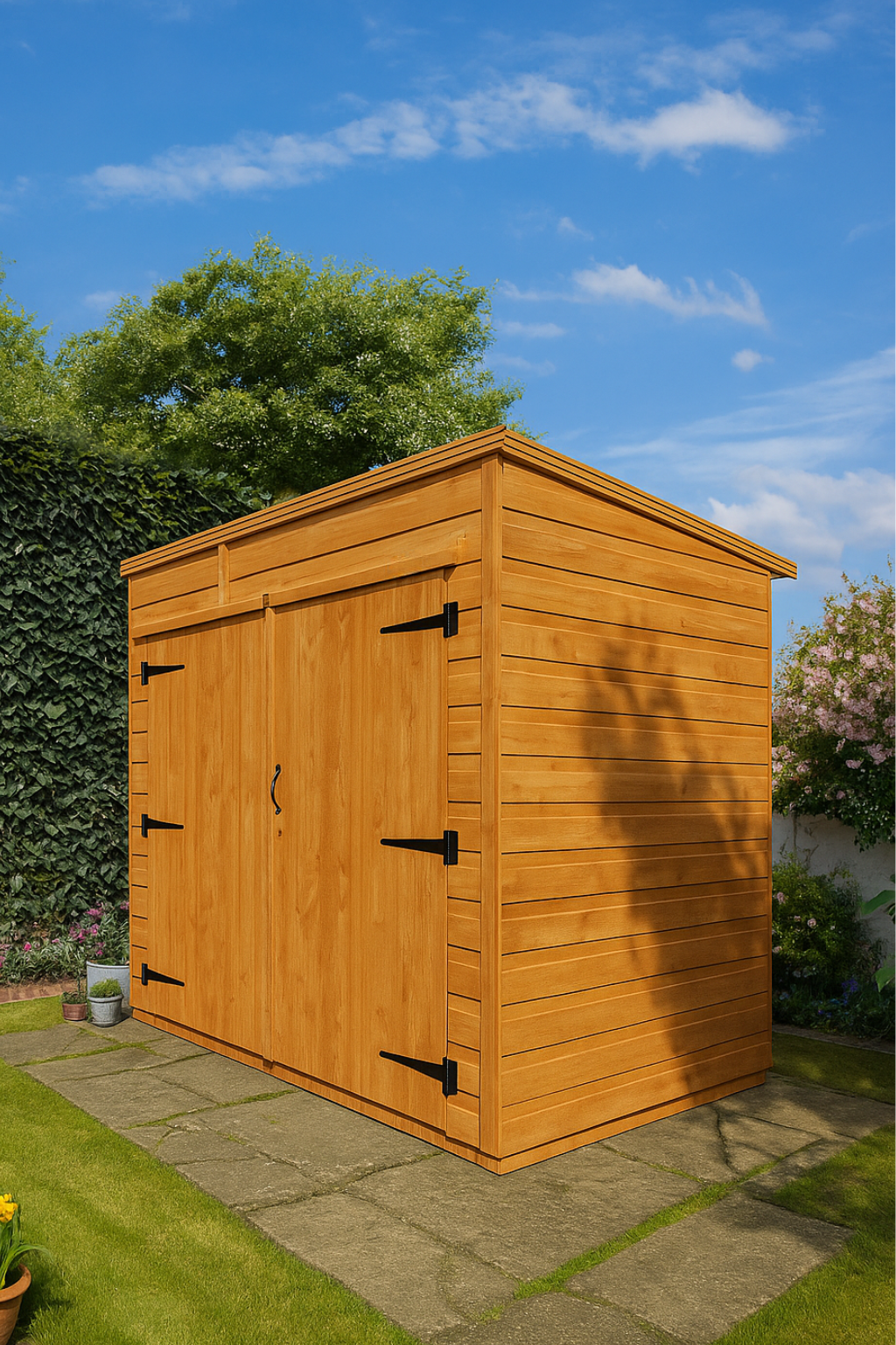 Woodcroft wooden bike store with pent roof, shiplap tongue-and-groove cladding, and black felt roof set against blue sky and greenery