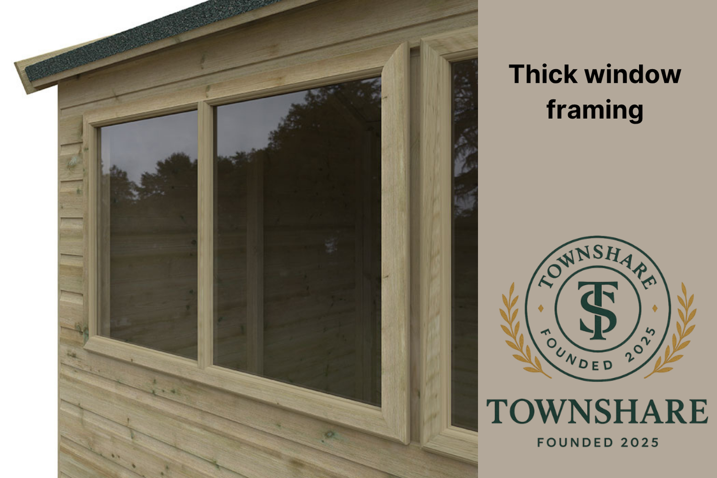 Townshare wooden cabin with large windows and company branding on beige background