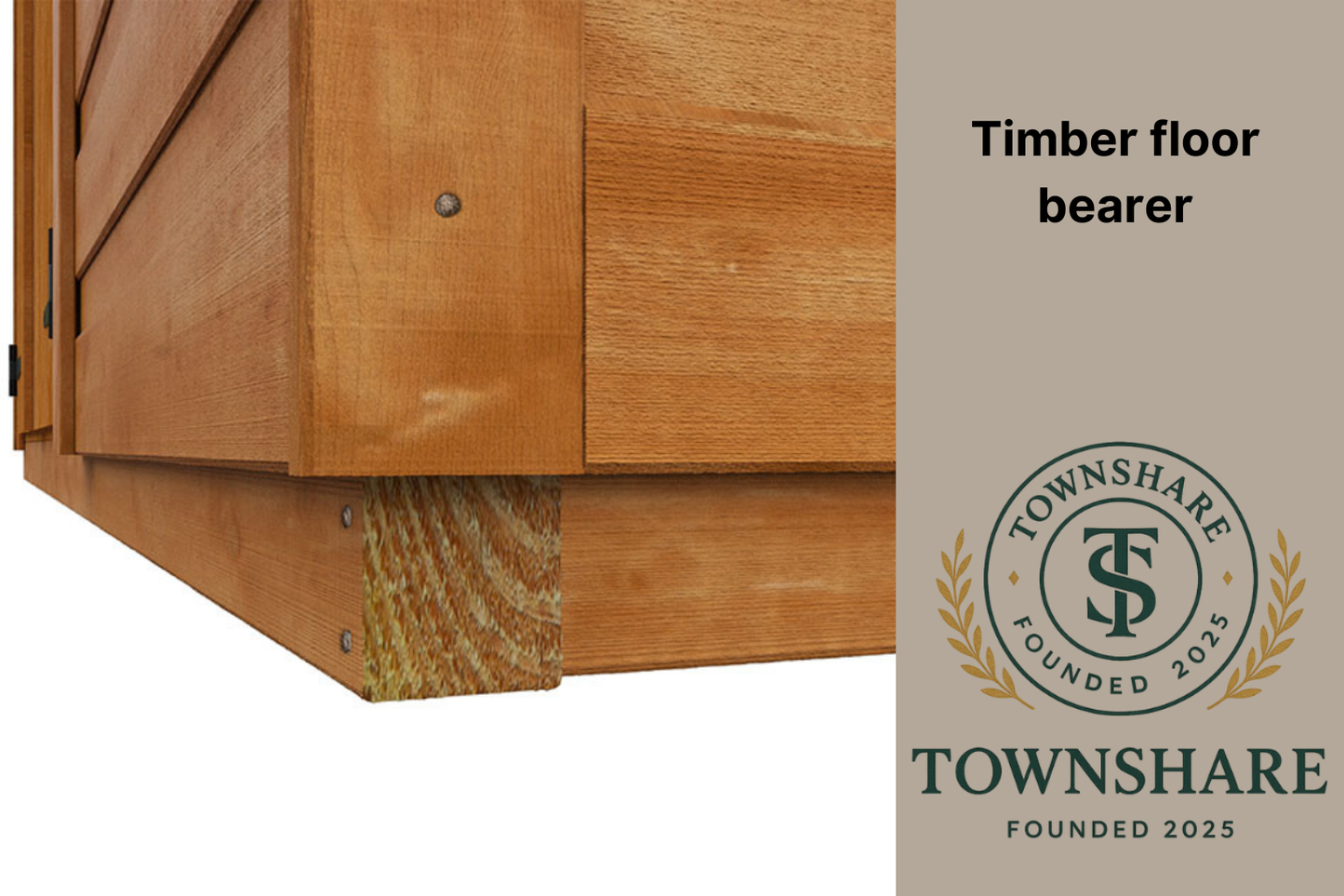 Close-up of a wooden floor bearer with Townshare branding on a beige background