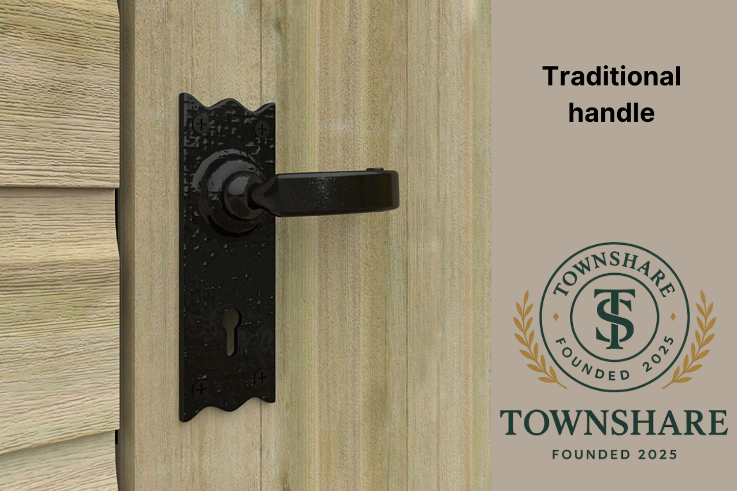 Wooden door with a black traditional handle and Townshare logo