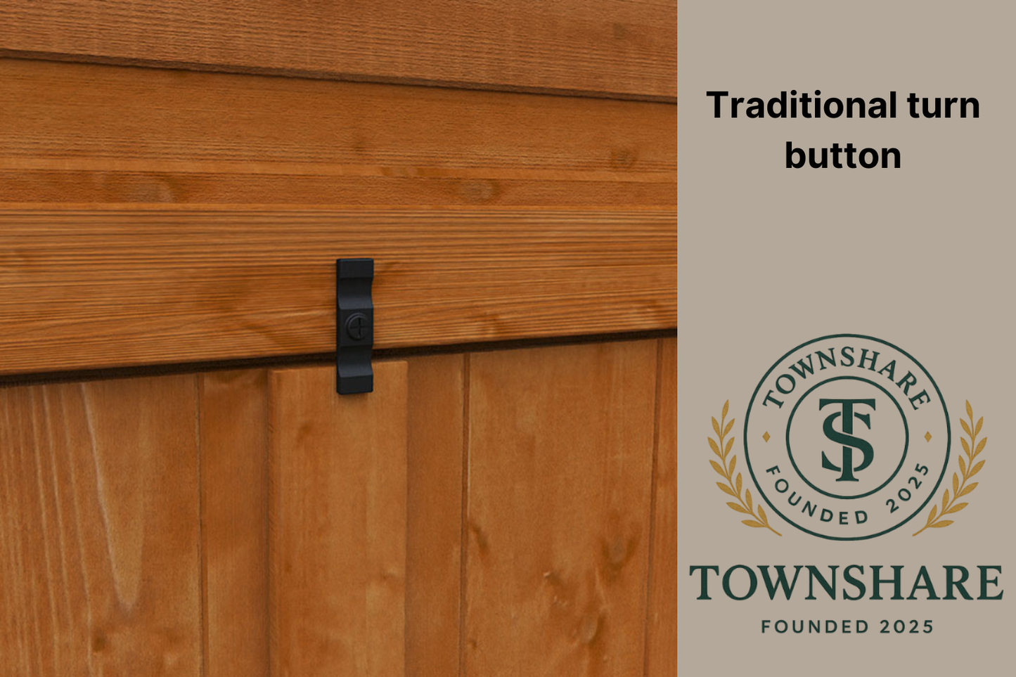 Wooden surface with a traditional turn button and Townshare logo on a beige background