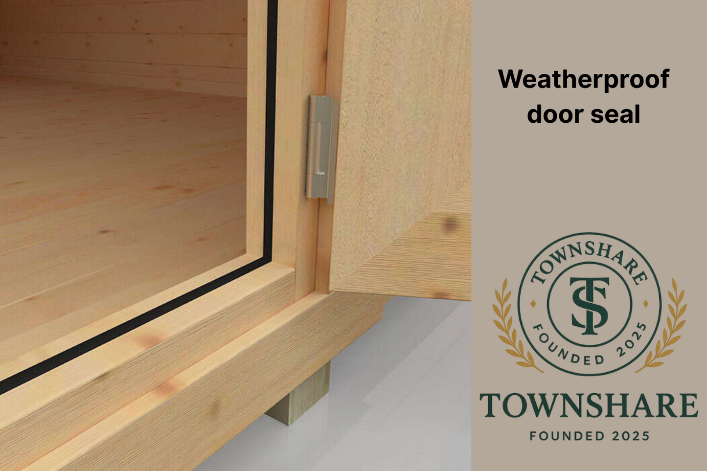 Wooden door with weatherproof seal and Townshare logo
