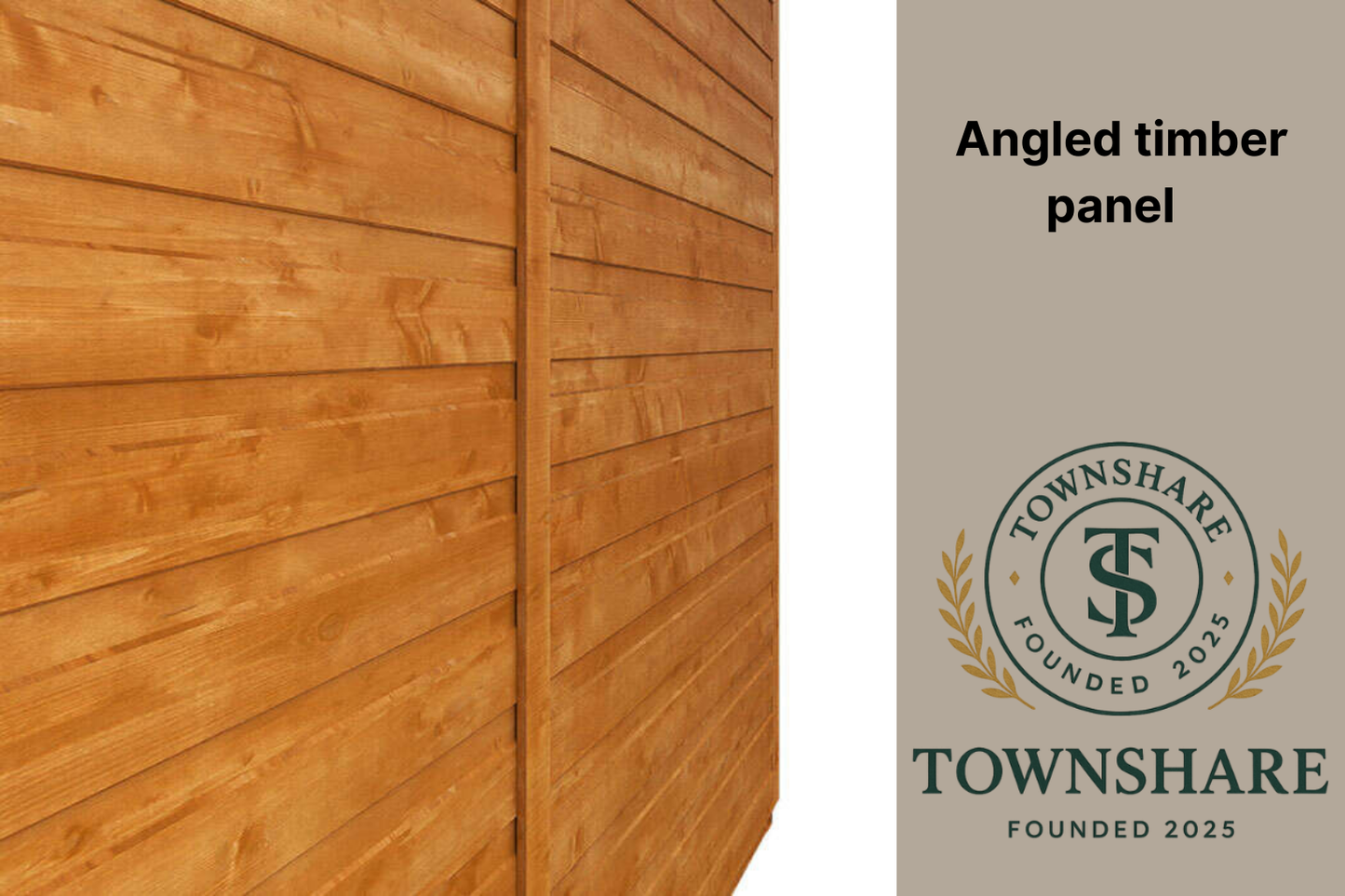 Angled timber panel with Townshare logo and text on a beige background
