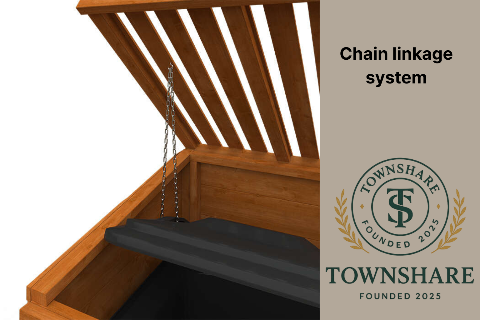 Wooden swing with chain linkage system on a white background, Townshare logo visible.