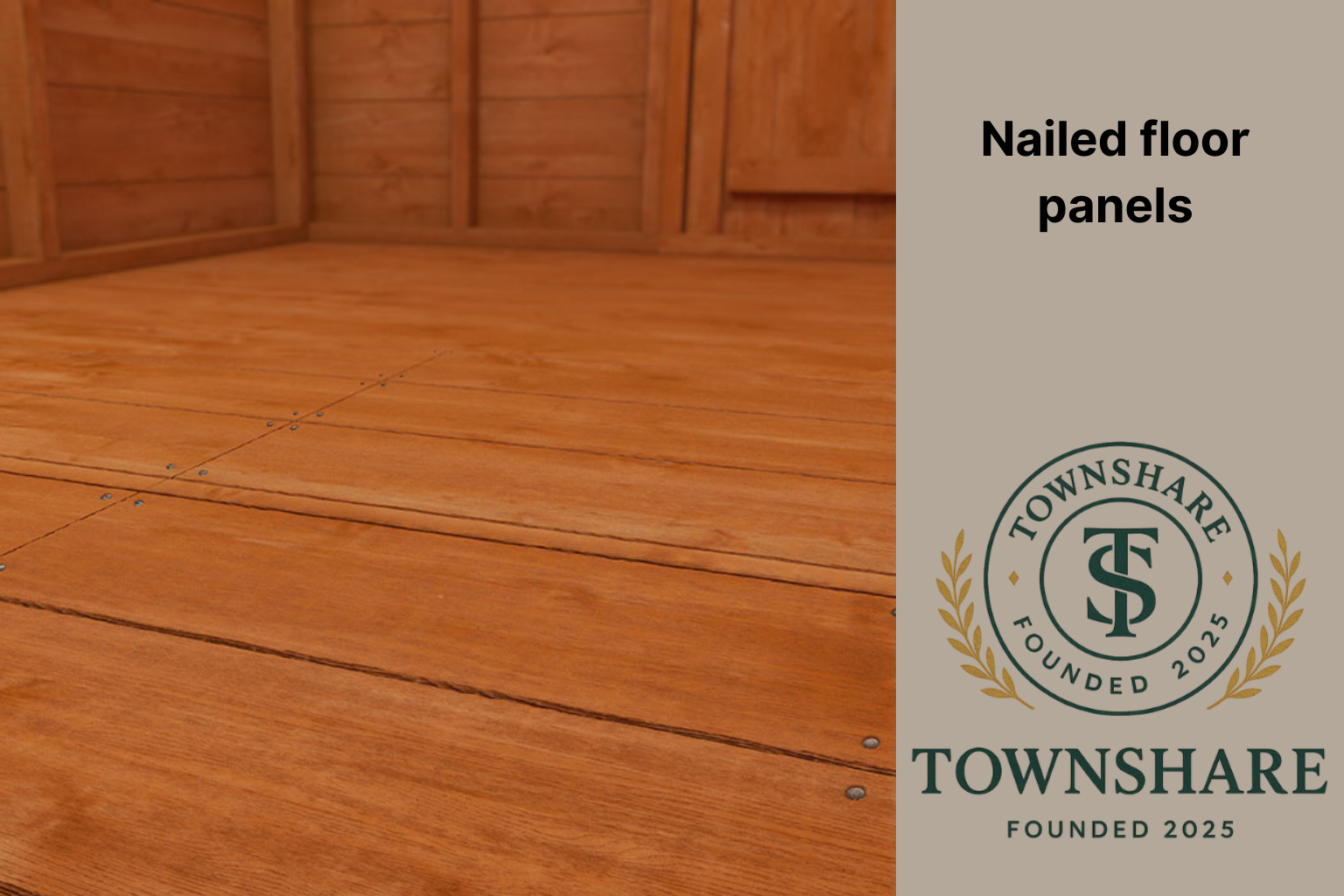 Wooden floor panels with Townshare logo and text on a beige background

