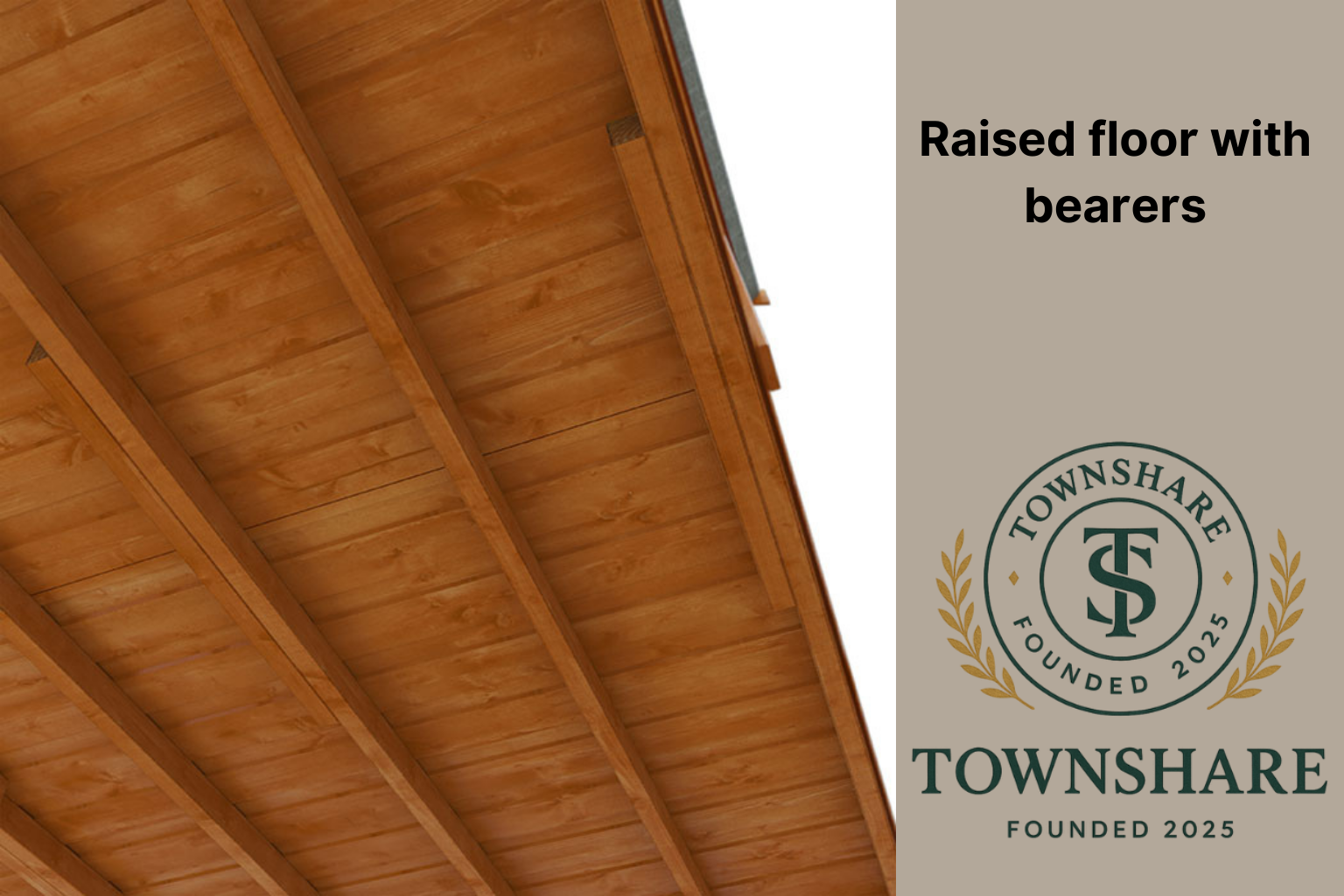 Wooden raised floor with bearers and Townshare logo on a white background
