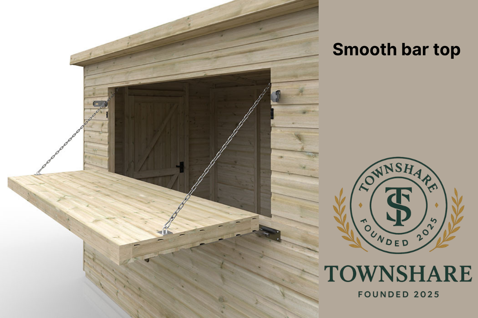 Townshare wooden outdoor structure with smooth bar top and company logo
