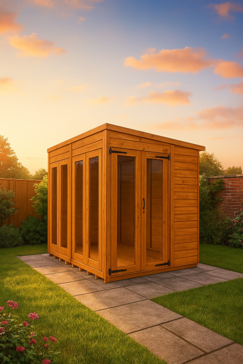 Ashbourne wooden garden summerhouse with double-glazed doors, shiplap tongue-and-groove cladding, and black felt roof in garden at sunset