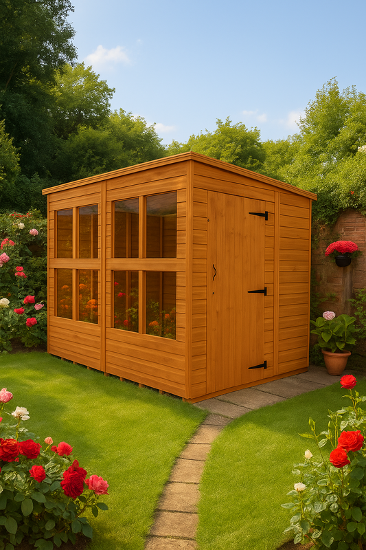Beaumont wooden garden sunroom with glass panels, shiplap tongue-and-groove cladding, and black felt roof in Rose garden setting
