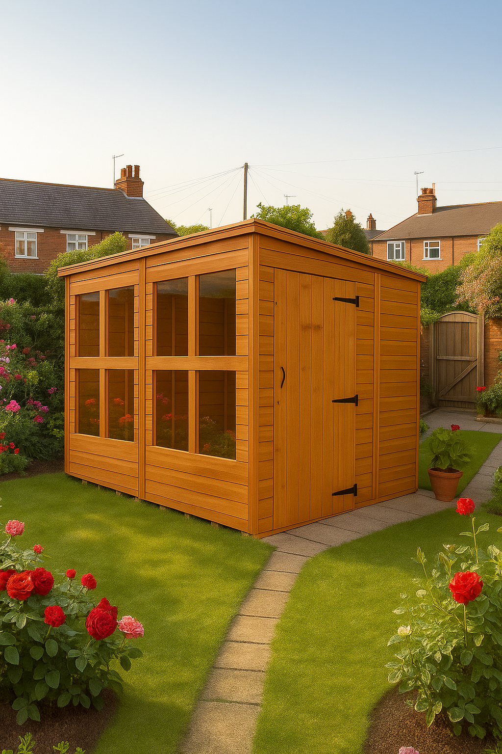 Beaumont wooden garden sunroom with glass panels, shiplap tongue-and-groove cladding, and black felt roof in a garden setting with a gate at the back