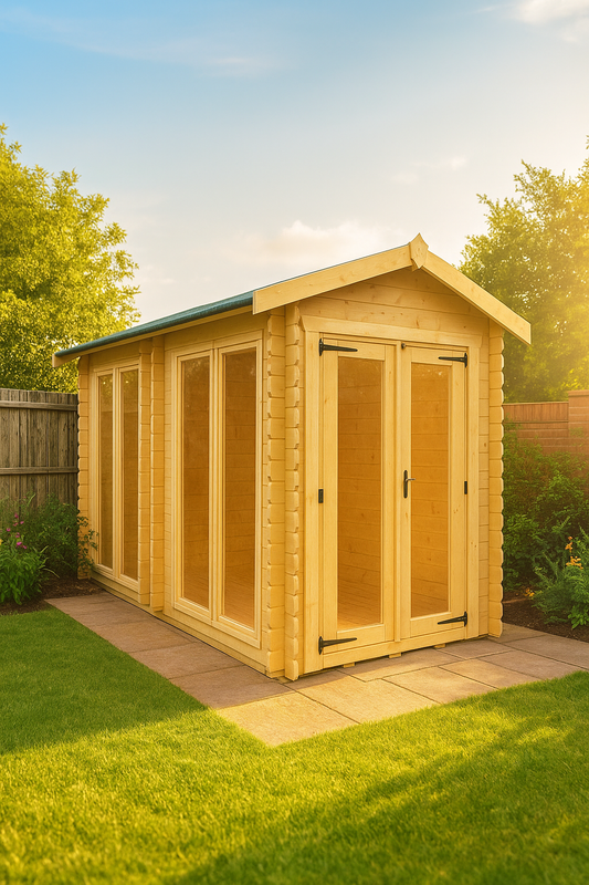 Brixton wooden garden cabin with loglap cladding, full-length glazed windows, and tiled roof in garden setting