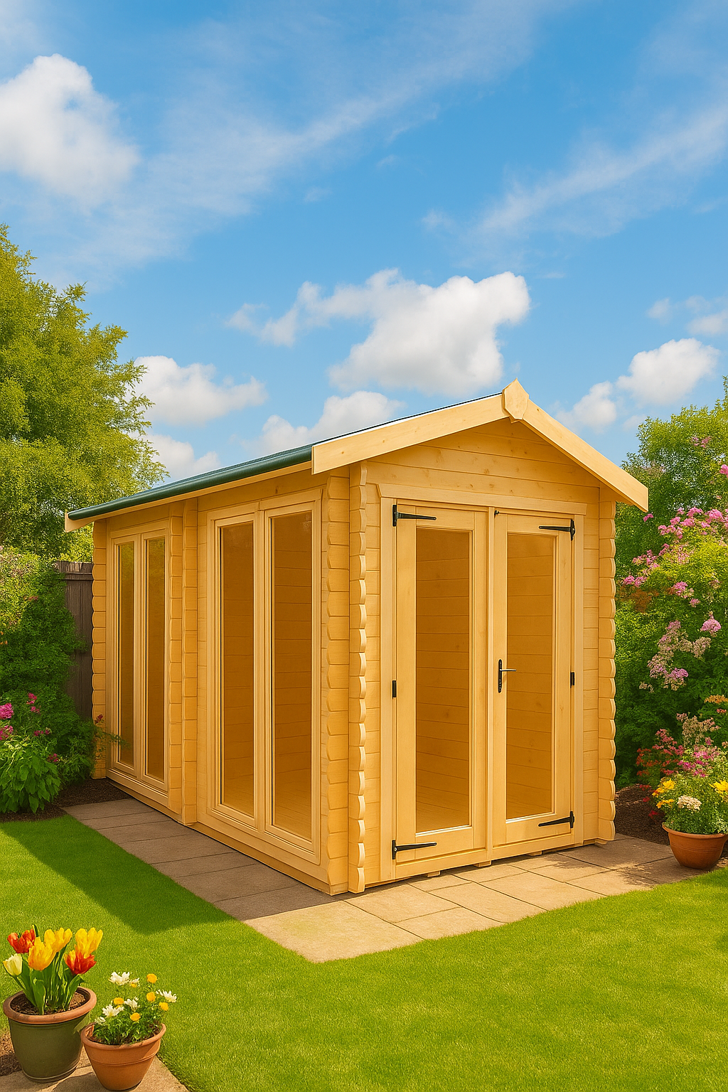 Brixton wooden garden cabin with loglap cladding, full-length glazed windows, tiled roof, and double doors in garden setting with flowers and trees