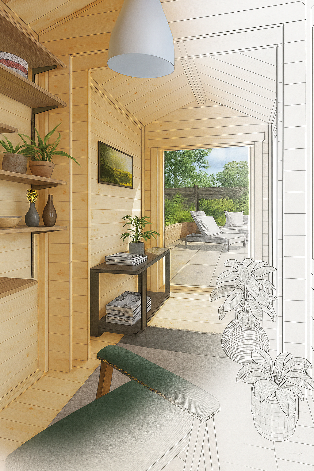 Brixton wooden garden cabin interior with modern wooden walls, plants, and view of garden