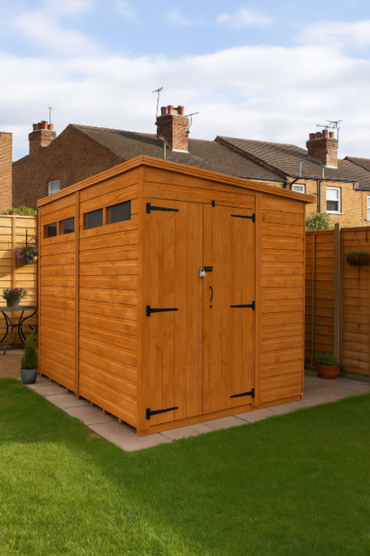 Fortress wooden garden shed with double doors, security slit windows, shiplap tongue-and-groove cladding, and black felt roof in a garden setting