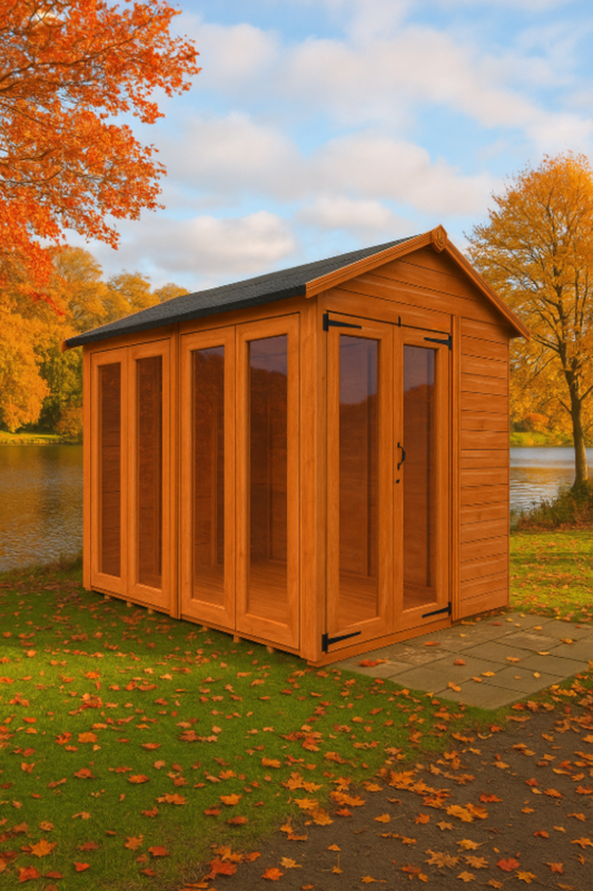 The Hawthorne Summerhouse with double glass doors, shiplap tongue-and-groove cladding, and black felt roof beside trees and water
