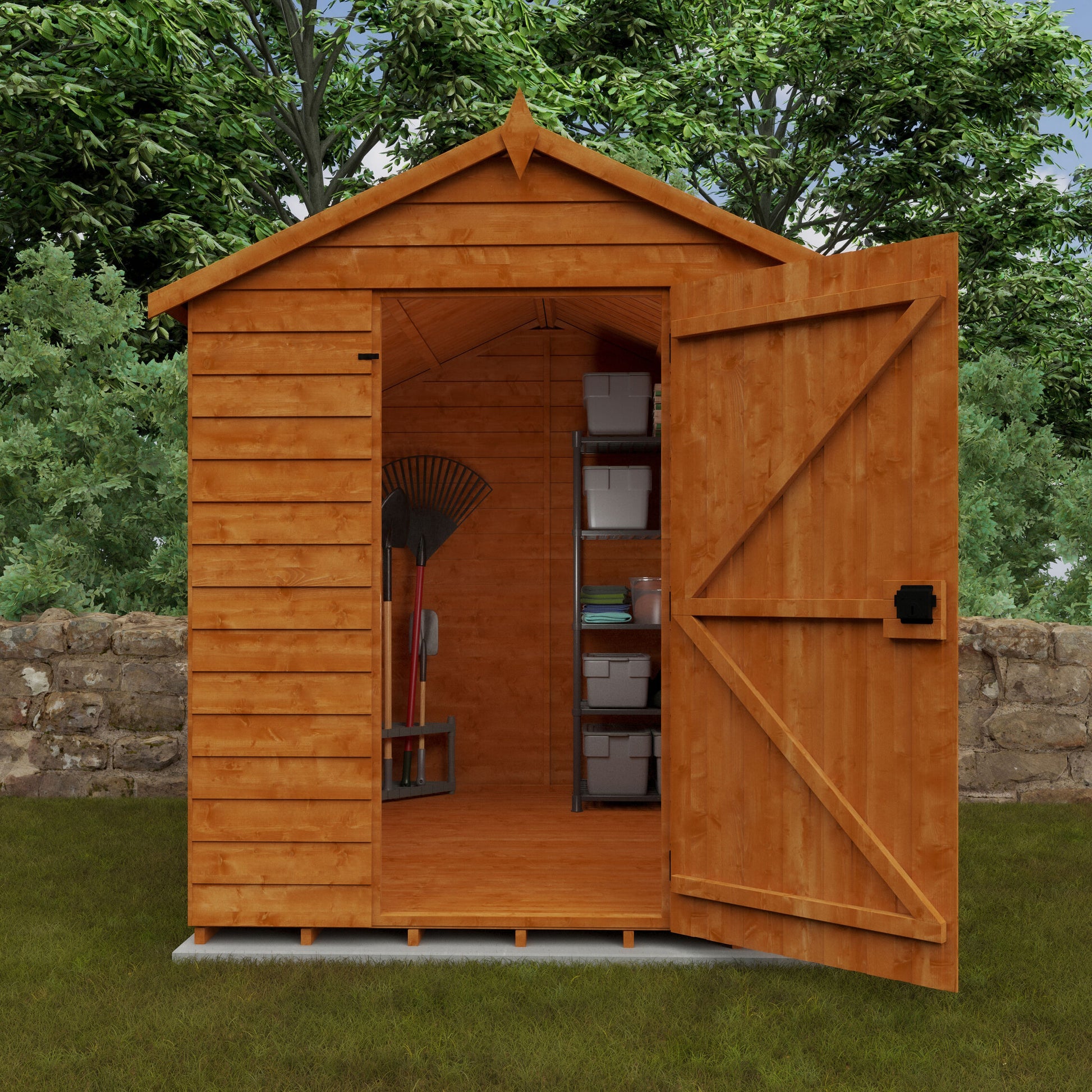 8x6 Budget Apex wooden garden shed with single door on grassy area with trees and an open door