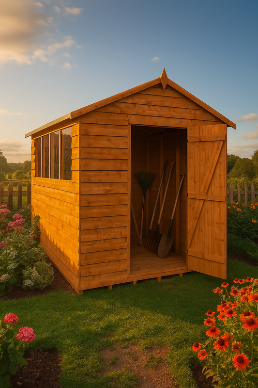 The Alder Apex Shed 8x6 — wooden garden shed with open door, grassy area, wheelbarrow, and hose in view.