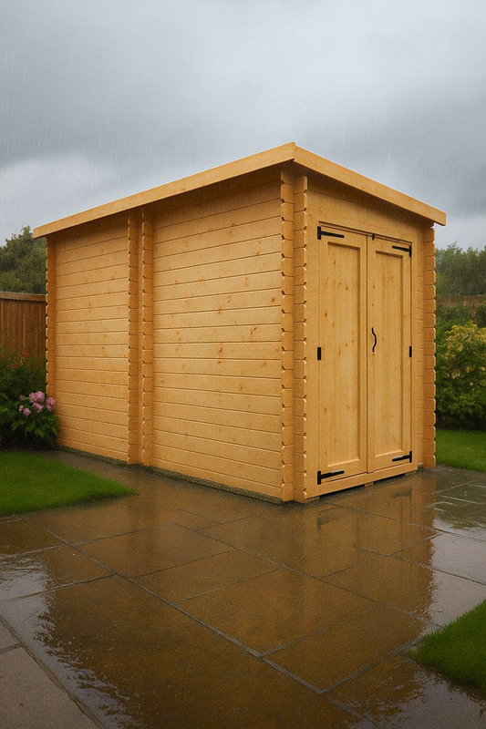 Ashford wooden garden cabin with fully boarded double doors, interlocking log walls, and a black felt roof on a tiled patio in a garden setting