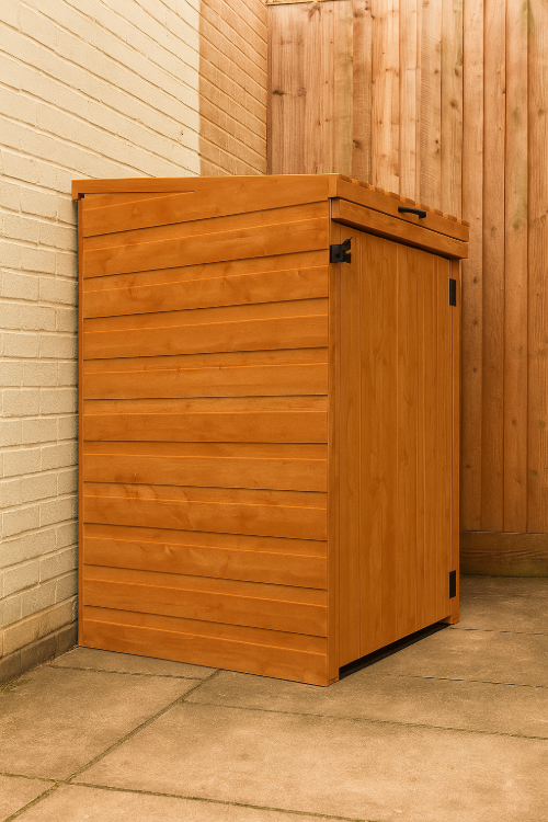 Binford wooden single wheelie bin store with shiplap tongue-and-groove cladding and slatted timber roof against wooden wall