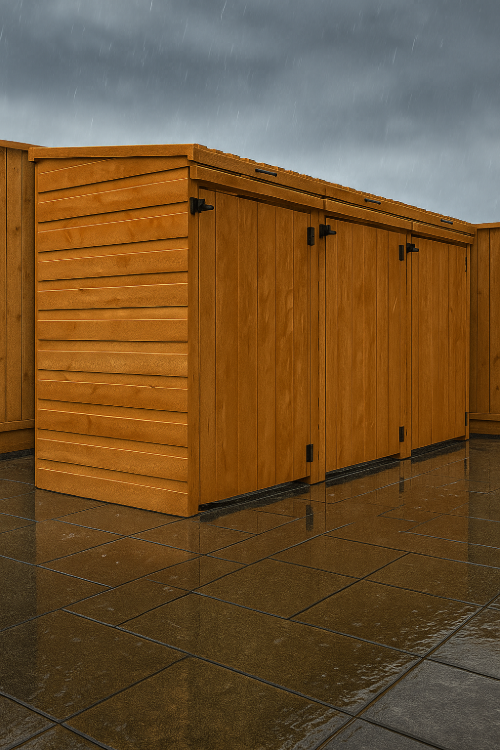 Brackley wooden triple wheelie bin store with shiplap tongue-and-groove cladding, secure latches, and modular lift-up roof in row on wet pavement under dark sky