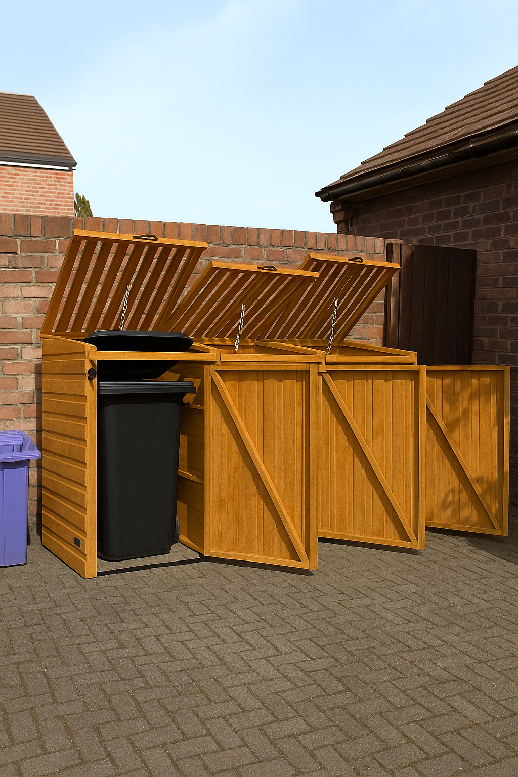 Brackley wooden triple wheelie bin store with shiplap tongue-and-groove cladding and open doors on patio