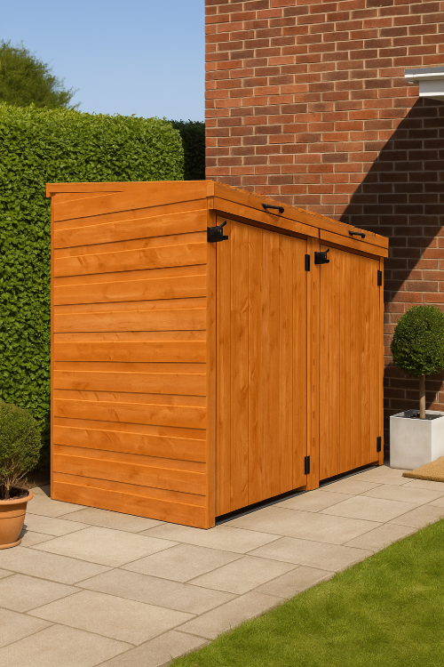Cranford wooden wheelie bin store with two lockable doors, slatted lift-up roof, and tongue-and-groove cladding against a brick wall with greenery