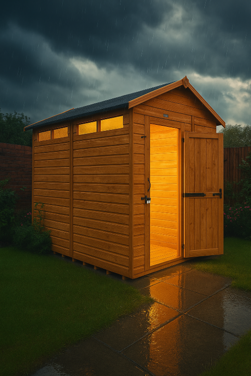 Defender wooden garden shed with security slit windows, shiplap tongue-and-groove cladding, and black felt roof illuminated under dark sky