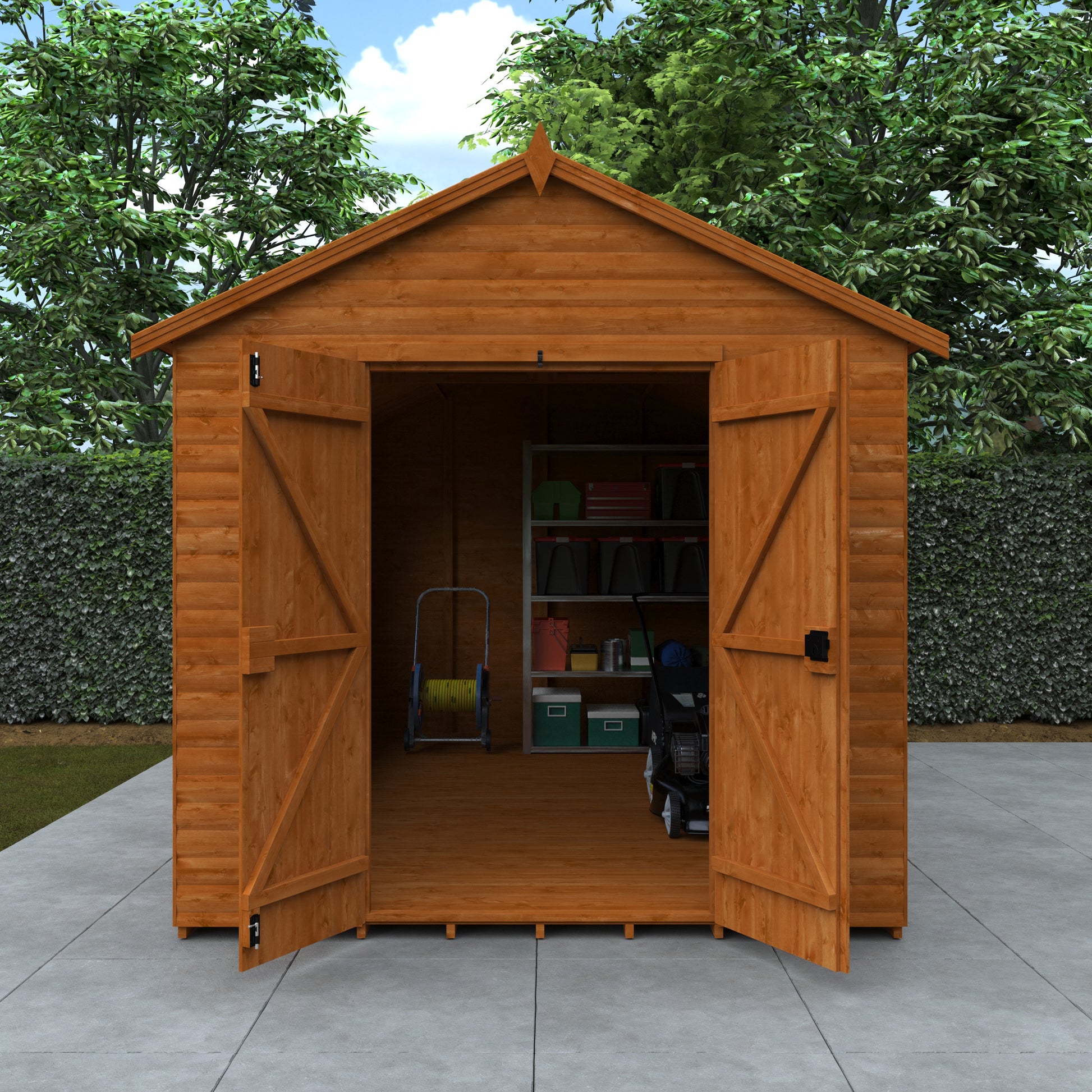 The Forge XL shed, with its open doors revealing storage space, is surrounded by lush greenery.