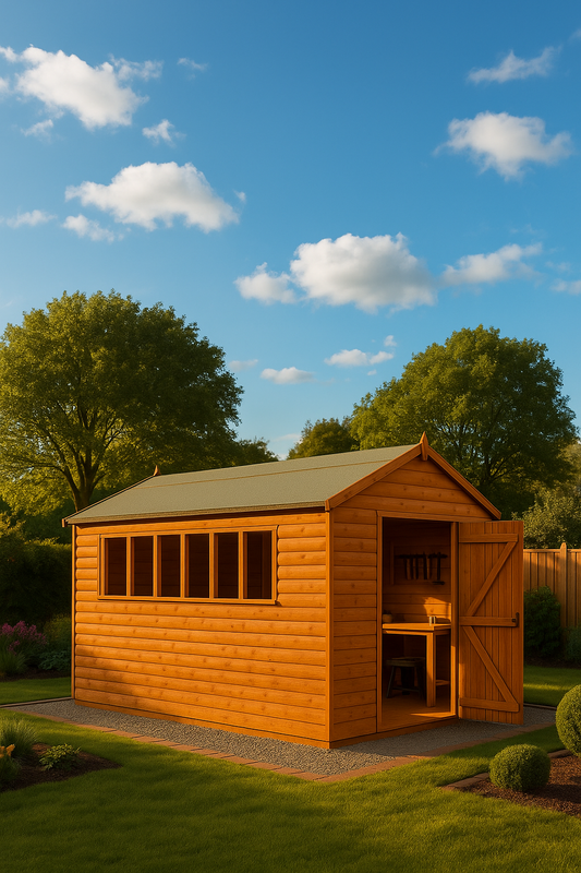 Forge XL wooden loglap garden workshop with open double doors and windows in a garden setting under blue sky with clouds